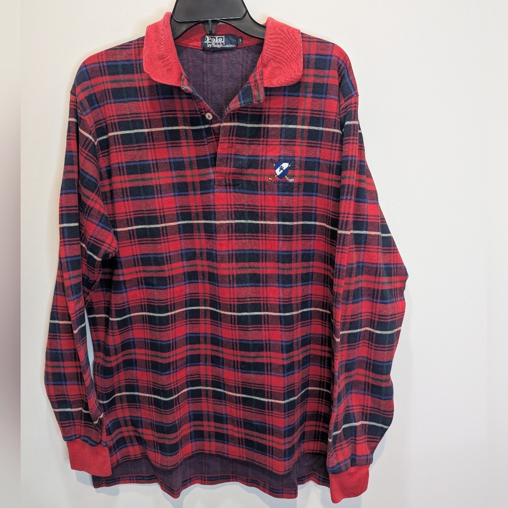 Polo Ralph Lauren Vintage Red Plaid Long Sleeve Cotton Polo Shirt Men's Size L